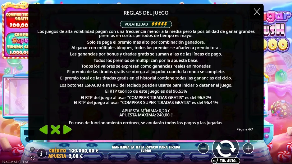Sugar Rush 1000 — reglas y RTP
