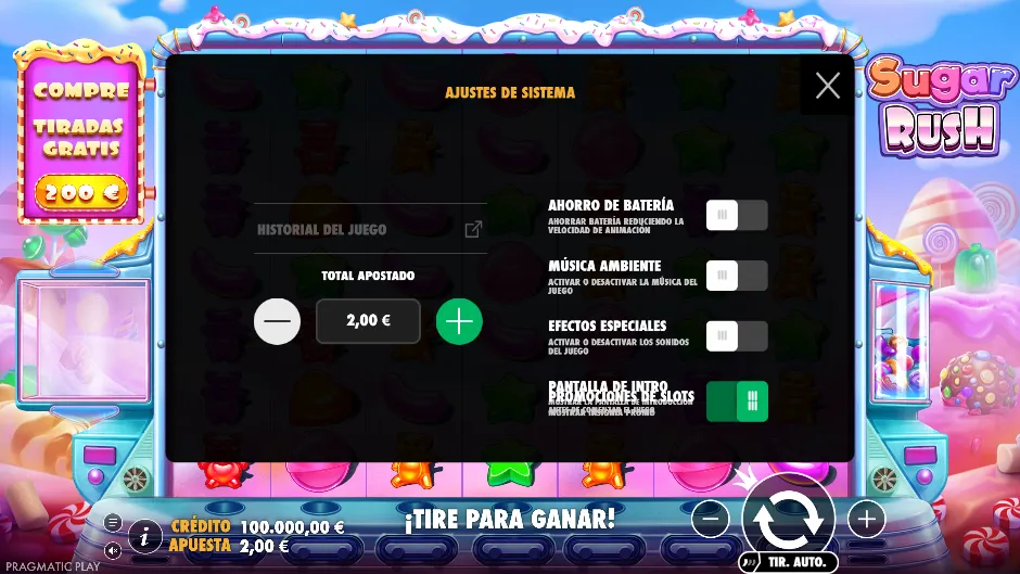 Sugar Rush — ajustes del sistema