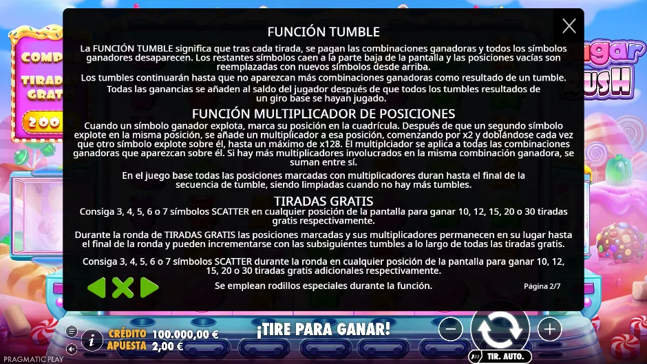Sugar Rush — función Tumble y multiplicadores