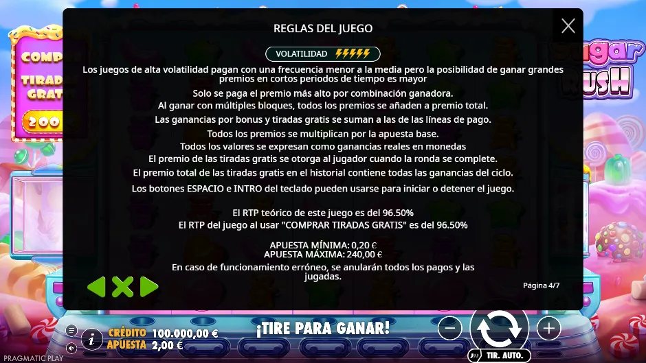 Sugar Rush — reglas, RTP y volatilidad